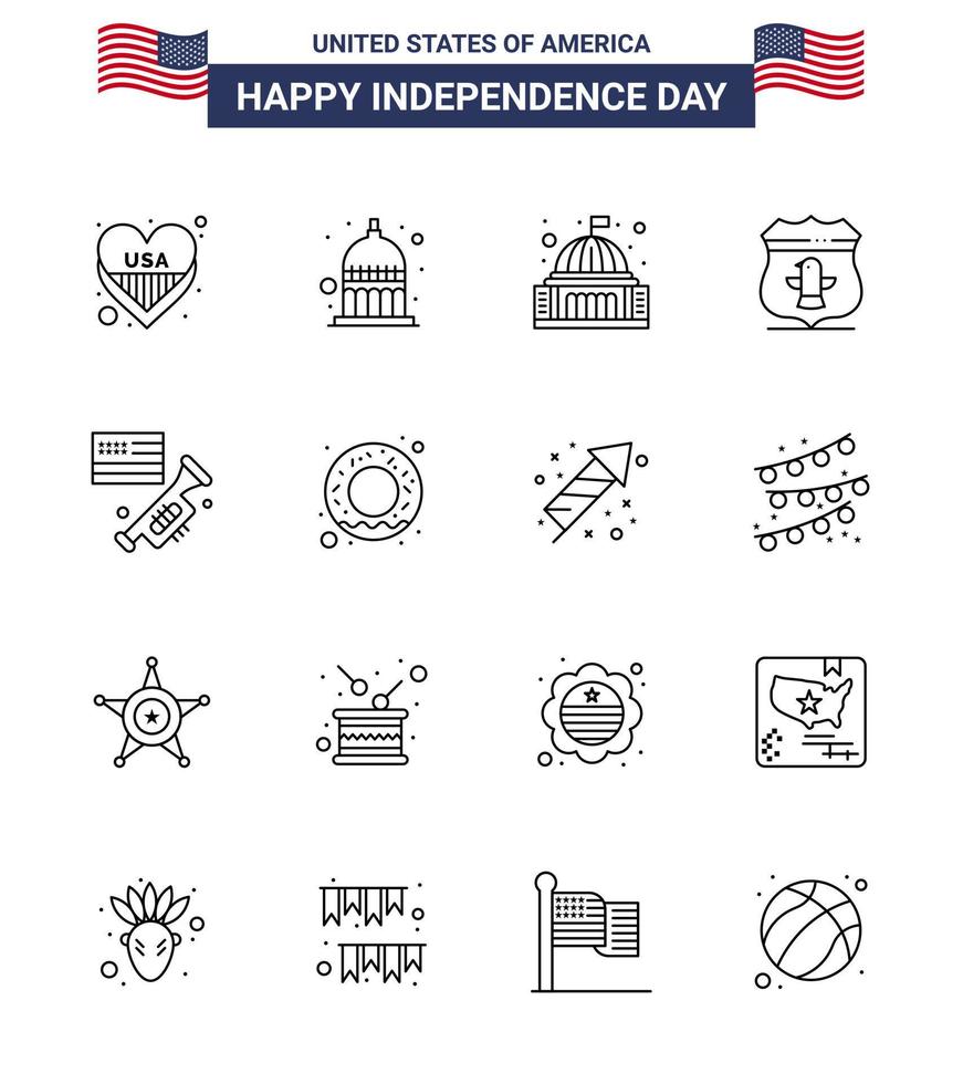 USA oberoende dag linje uppsättning av 16 USA piktogram av flagga amerikan plats USA vit redigerbar USA dag vektor design element