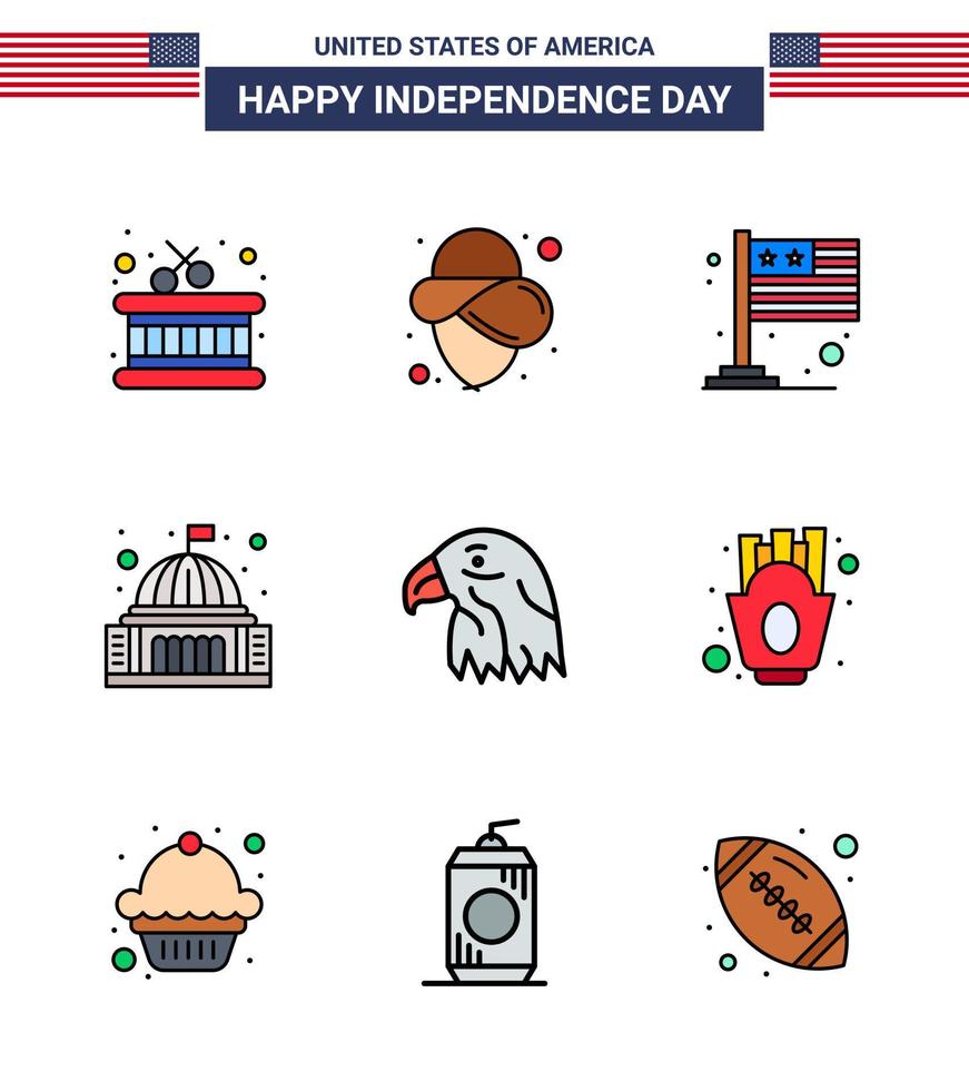 gruppe von 9 flach gefüllten linien, die für den unabhängigkeitstag der vereinigten staaten von amerika festgelegt wurden, wie eagle animal international white house editable usa day vector design elements