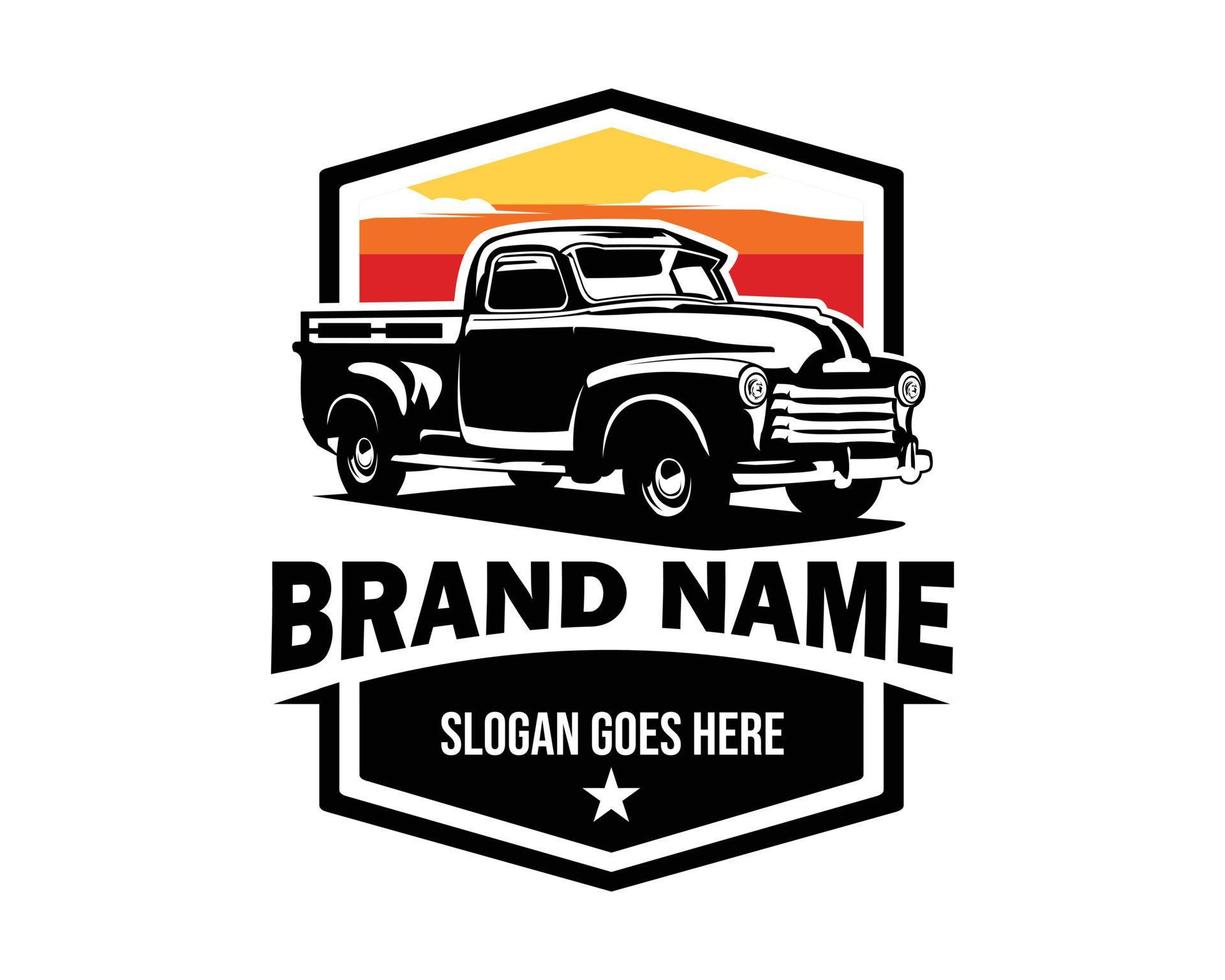 Vintage American Truck Logo Seitenansicht mit attraktiver Aussicht auf den Sonnenuntergang. am besten für abzeichen, emblem, symbol und aufkleberdesign. Vektorgrafik verfügbar in eps 10. vektor