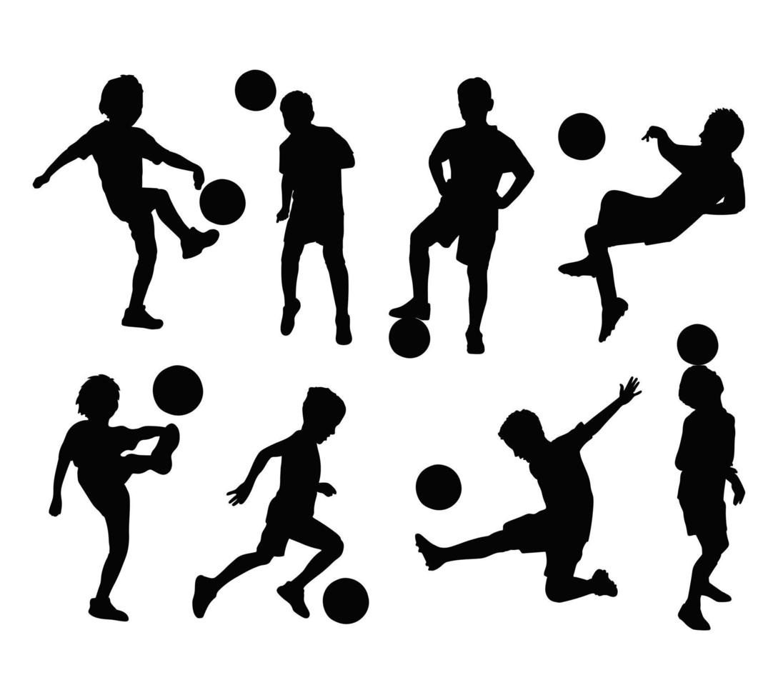 hand dra silhuett unge spelar fotboll vektor illustration