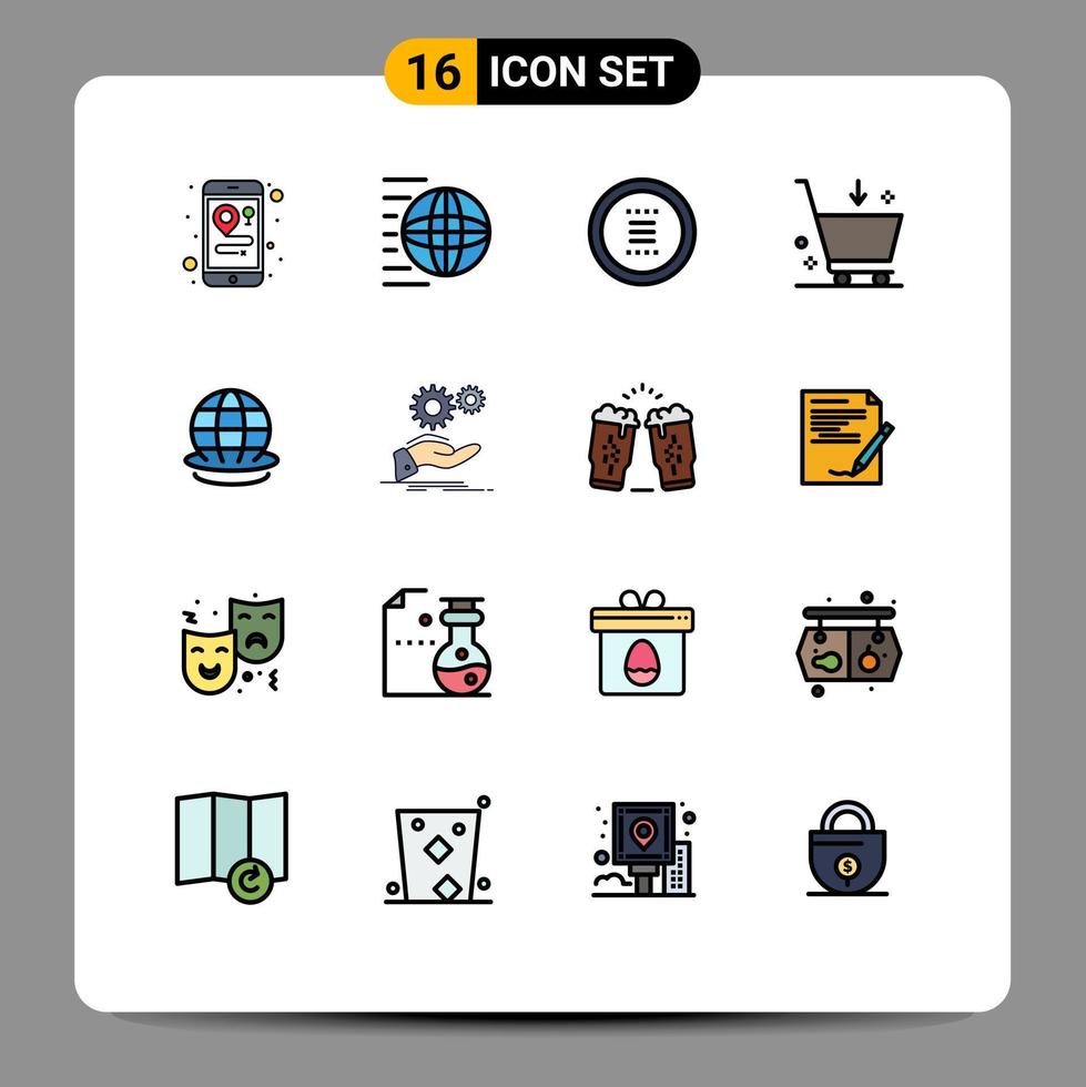 moderner Satz von 16 flachen, farbgefüllten Linien und Symbolen wie Earth Commerce App Cart Navigation editierbare kreative Vektordesign-Elemente vektor
