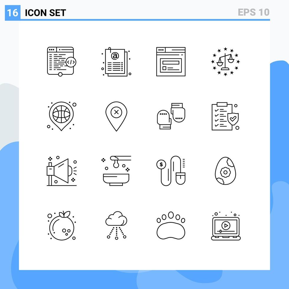 Gruppe von 16 umreißt Zeichen und Symbole für Korbgerechtigkeitsblatt DSGVO-Website editierbare Vektordesign-Elemente vektor
