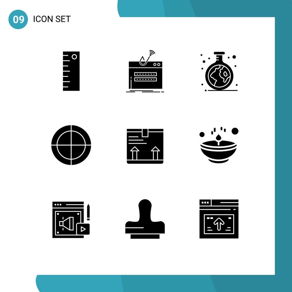 9 fast glyf begrepp för webbplatser mobil och appar låda mål kemi militär tjurar öga redigerbar vektor design element