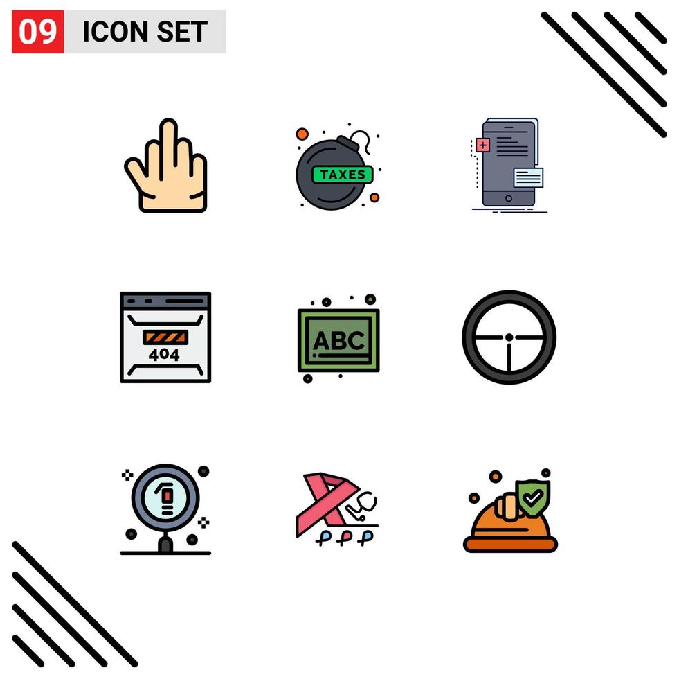 Stock Vector Icon Pack mit 9 Zeilenzeichen und Symbolen für abc-Seitenschnittstellenfehler entwickeln bearbeitbare Vektordesignelemente