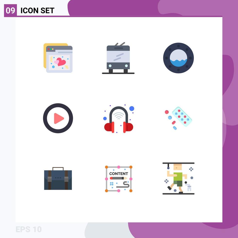 modern uppsättning av 9 platt färger pictograph av piller trådlös headsetet porthål teknologi video redigerbar vektor design element