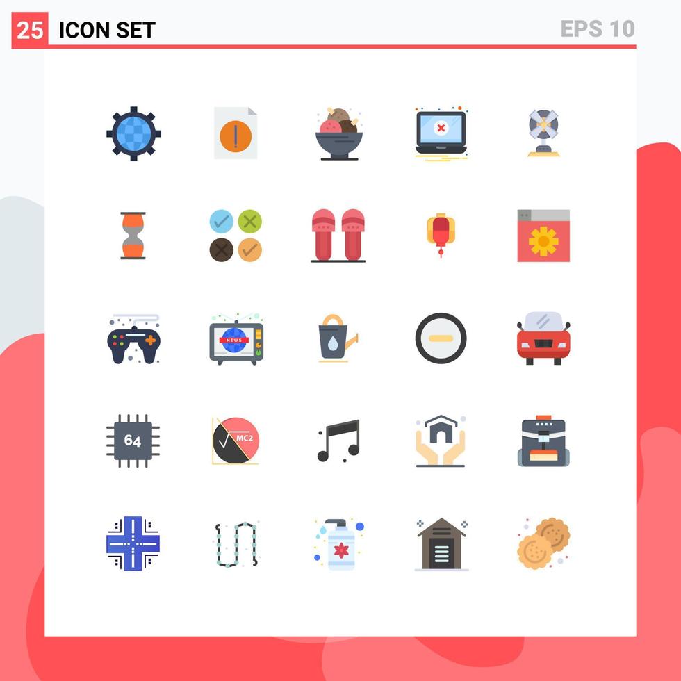 Mobile Schnittstelle flacher Farbsatz von 25 Piktogrammen von Fan-Warnungs-Dessert-Problemfehlern editierbaren Vektordesign-Elementen vektor