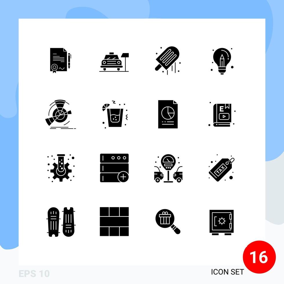 Packung mit 16 kreativen soliden Glyphen von Datendesign Strand kreative Glühbirne editierbare Vektordesign-Elemente vektor