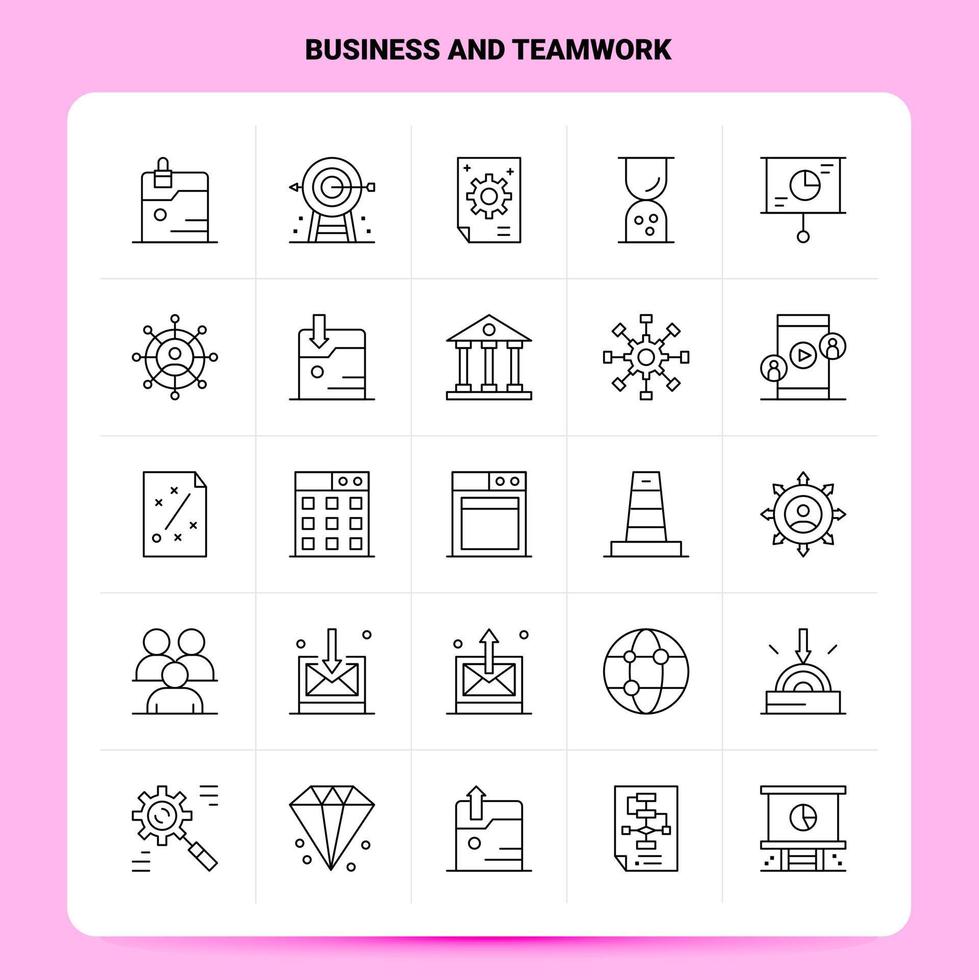 Umriss 25 Business- und Teamwork-Icon-Set-Vektor-Linienstil-Design Schwarze Symbole setzen lineare Piktogrammpaket-Web- und Mobile-Business-Ideen-Design-Vektorillustration vektor