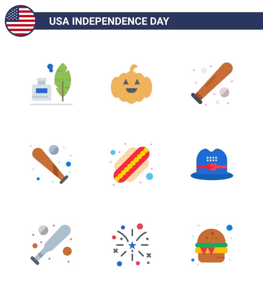 Lycklig oberoende dag packa av 9 flats tecken och symboler för amerikan hatt baseboll stater amerikan redigerbar USA dag vektor design element