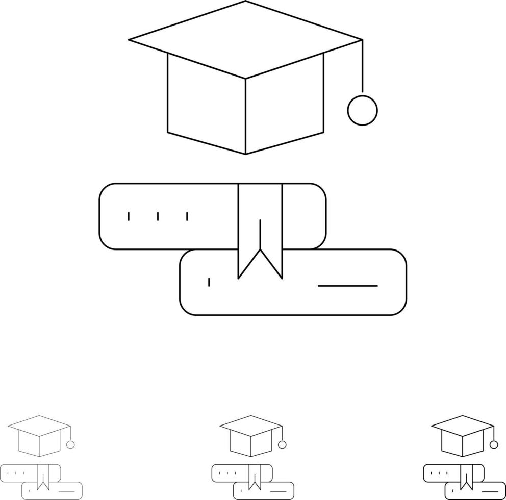 bücher kappe bildung abschluss fett und dünn schwarze linie symbolsatz vektor