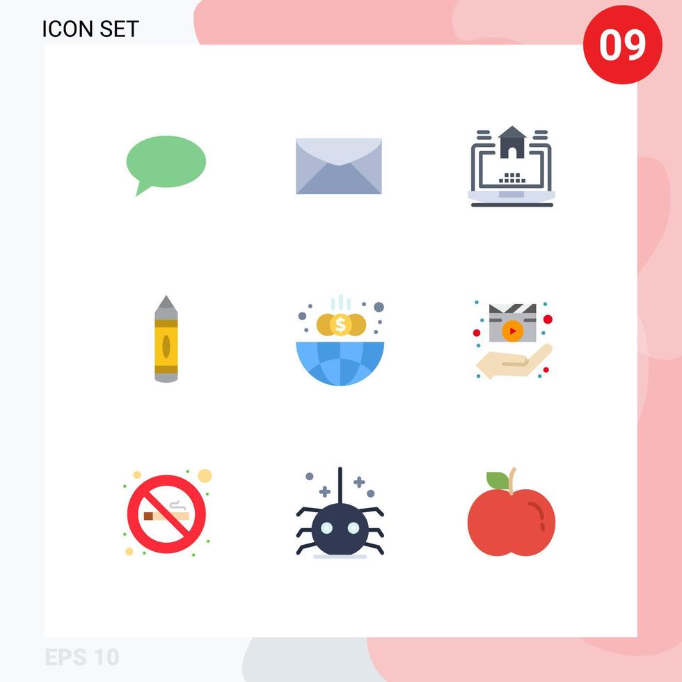 9 universell platt färger uppsättning för webb och mobil tillämpningar finansiera skiss bärbar dator penna teckning redigerbar vektor design element