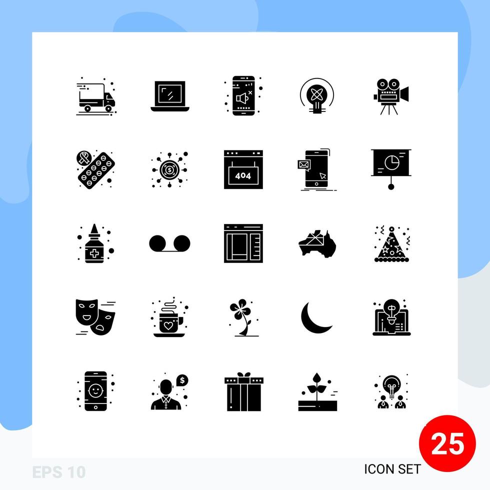 25 universelle solide Glyphen für Web- und mobile Anwendungen, Bildung, Film, Volumen, Kamera, Idee, editierbare Vektordesign-Elemente vektor