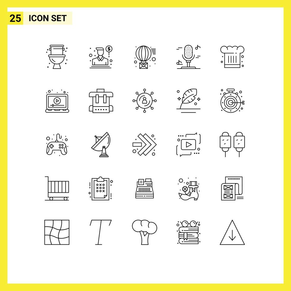 Stock Vector Icon Pack mit 25 Zeilen Zeichen und Symbolen für Kochmütze Café E-Mail Musik Audio editierbare Vektordesign-Elemente