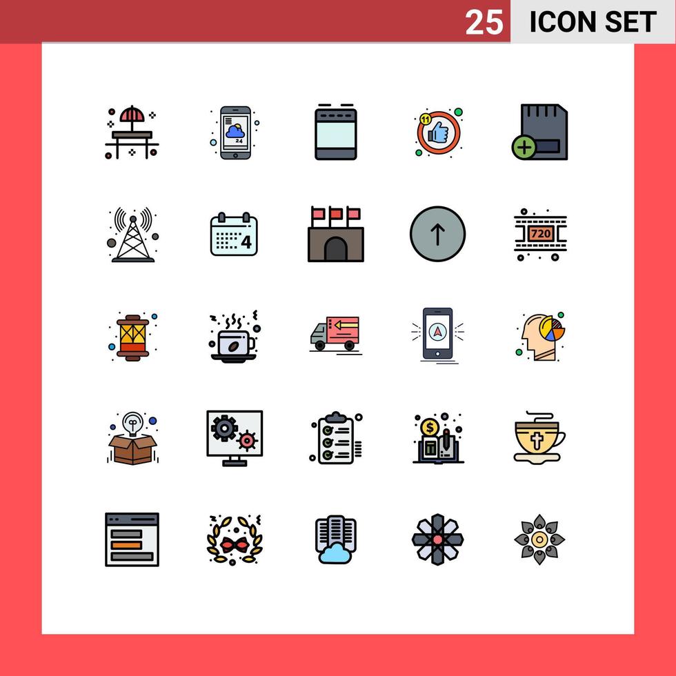 25 fylld linje platt Färg begrepp för webbplatser mobil och appar Lägg till gillar service tycka om kök redigerbar vektor design element