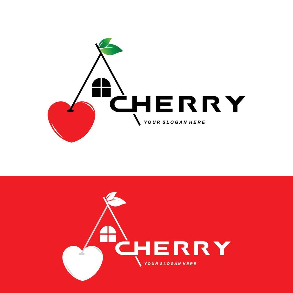 körsbärsfruktlogotyp, rödfärgad växtvektorillustration, fruktbutiksdesign, företag, klistermärke, produktmärke vektor