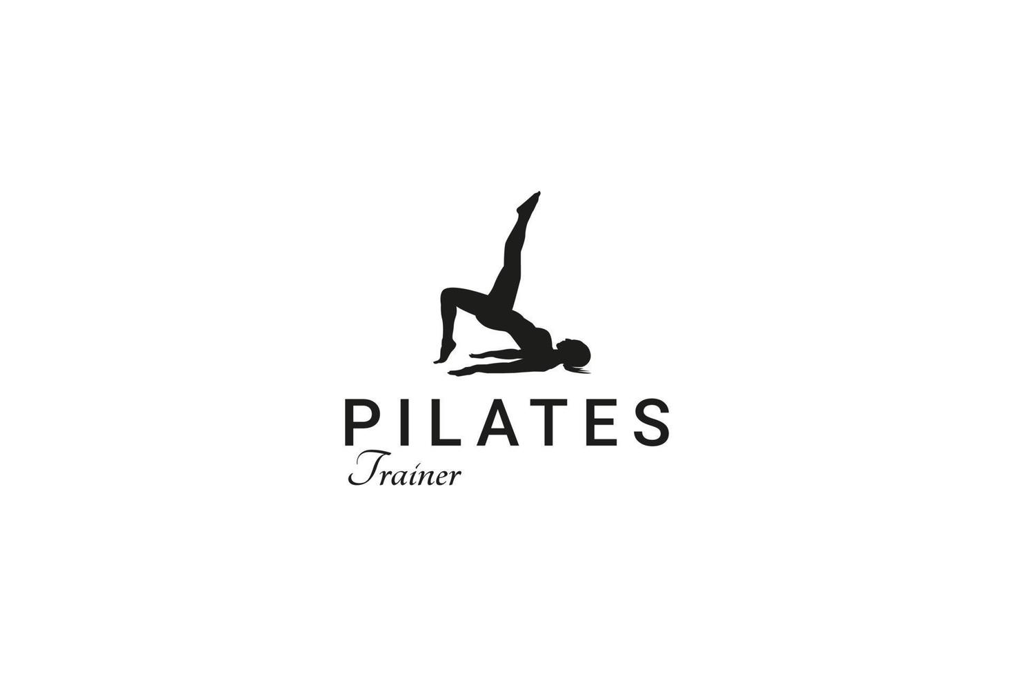 pilates kvinna silhuett, flicka med skönhet kropp och ansiktsbehandling hår i Gym logotyp design vektor