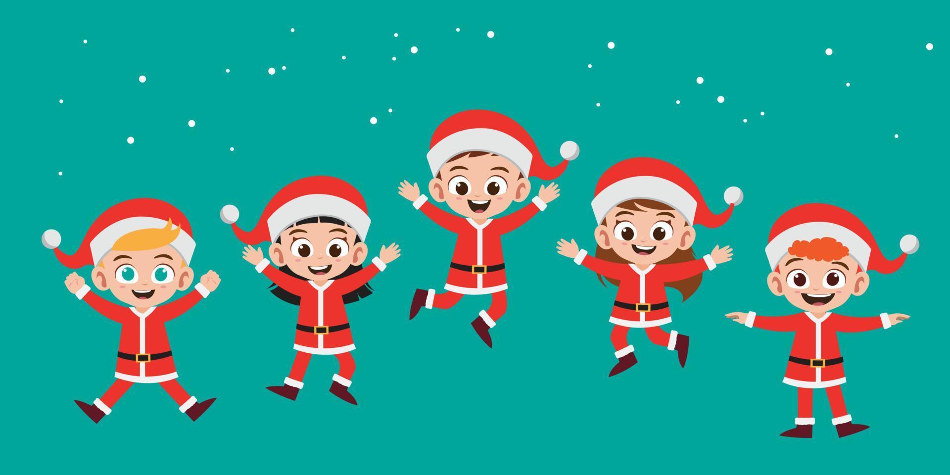 glückliche kinder lächeln mit rotem weihnachtskostüm-vektorillustrationssatz vektor