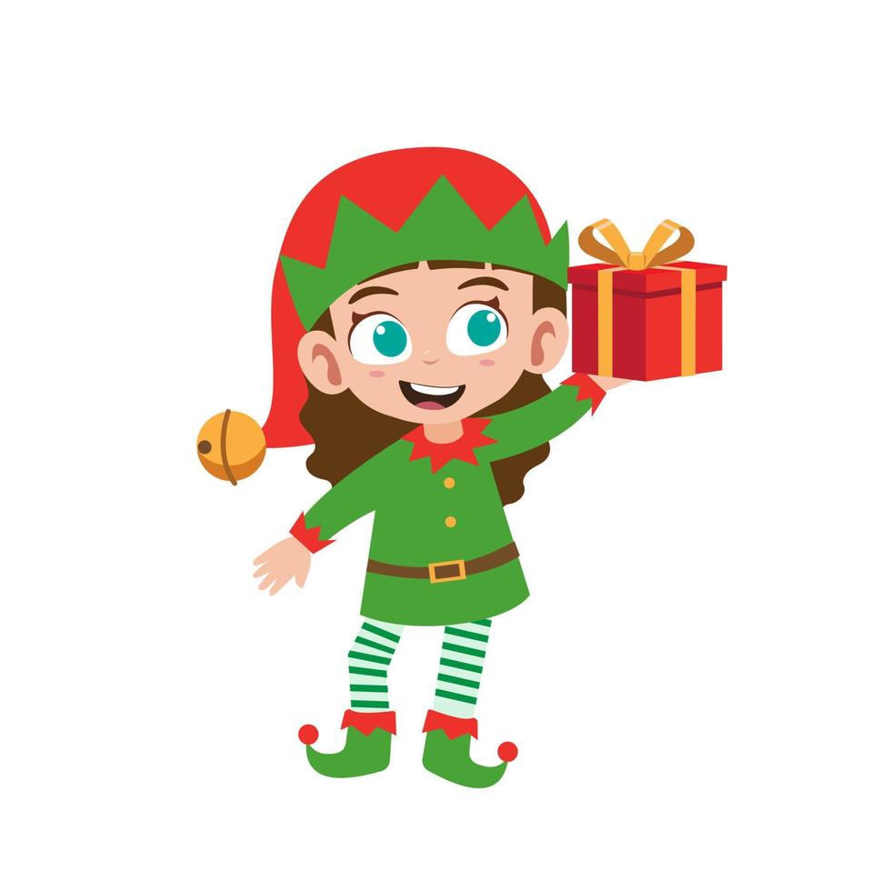 glückliches süßes kleines mädchen, das grüne elfenweihnachtskostüm-vektorillustration trägt vektor