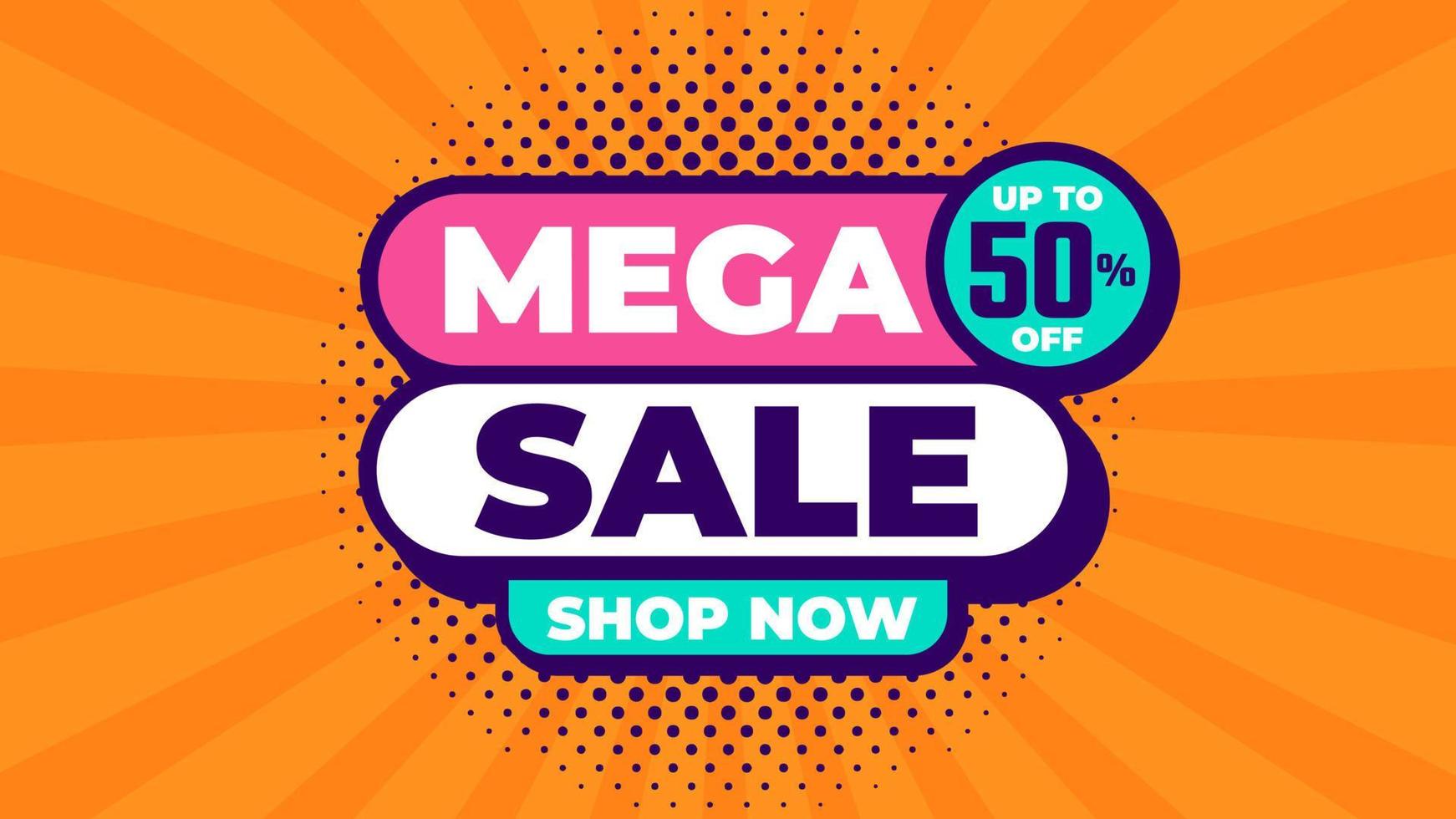 Mega-Sale-Banner-Design mit flachem Retro-Stil, trendigem, farbenfrohem Hintergrund für Medienwerbung, Social-Media-Post und Web-Banner vektor