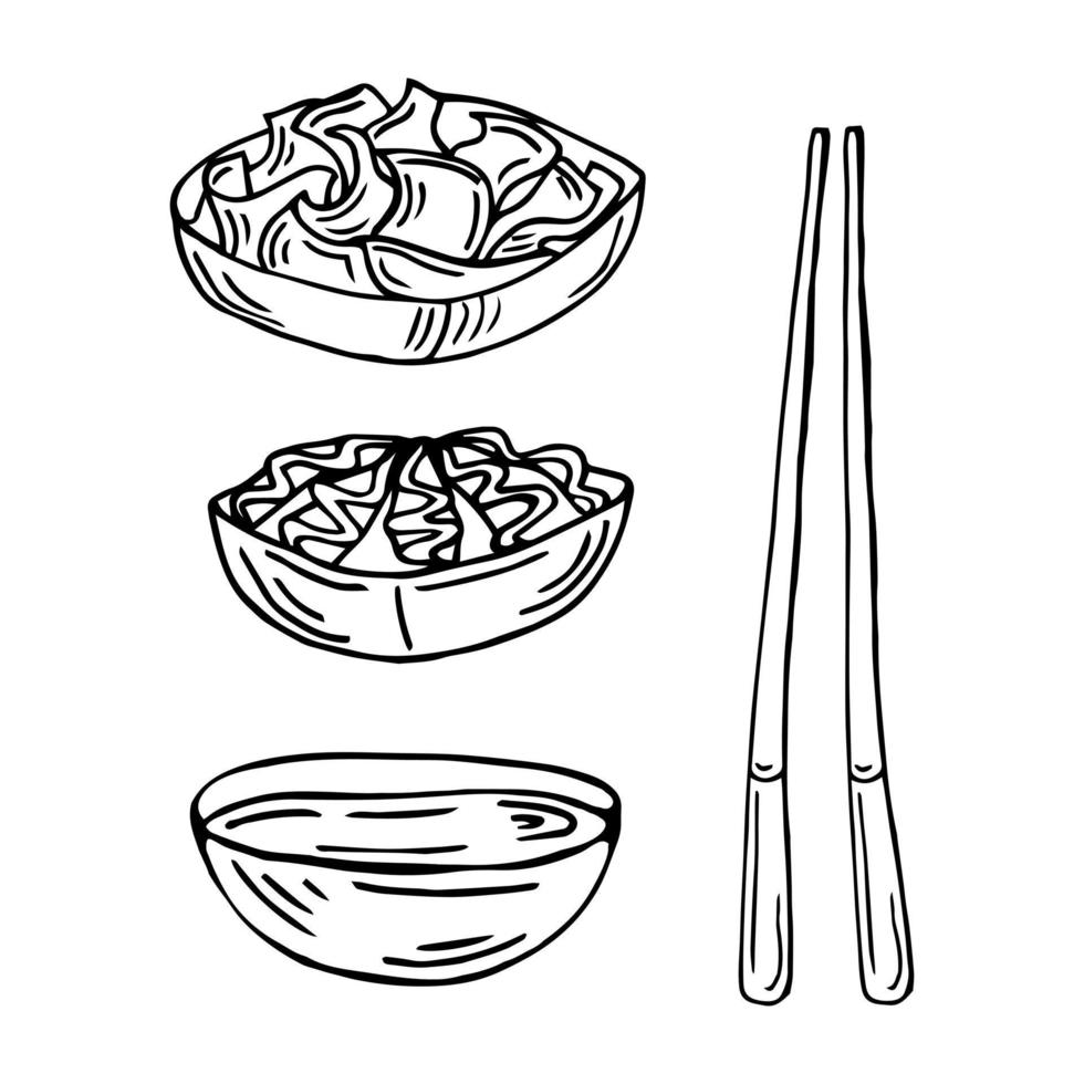 hand dragen uppsättning med wasabi, soja sås, ingefära och ätpinnar isolerat på vit bakgrund vektor