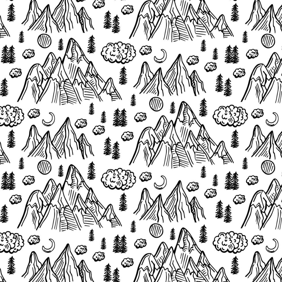 Reisevektorillustration mit nahtlosem Muster der Karikatur. Schwarz-Weiß-Doodle-Stil. Illustration mit Berggipfeln und grafischen Elementen vektor