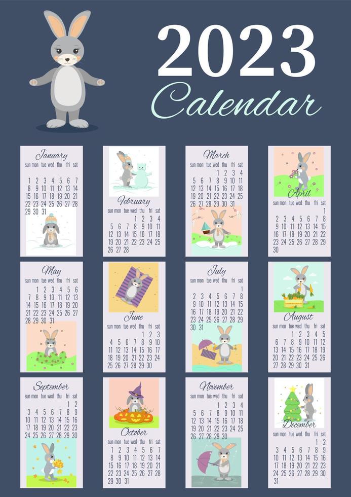 Layout eines vertikalen Kalenders für 2023 mit einem Hasen in Blau mit einem Charakter und Bildern für jeden Monat vektor