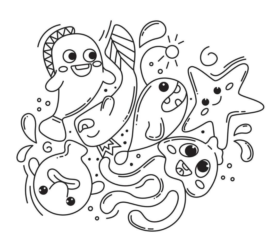 handgezeichnetes Fisch-Doodle-Set. Hipster abstrakte Kritzeleien für Ausdrucke mit lustigen Kreaturen. Fische, Quallen, Seesterne, Blob-Fische. kawaii Schwarz-Weiß-Vektorillustrationen isoliert auf weißem Hintergrund. vektor