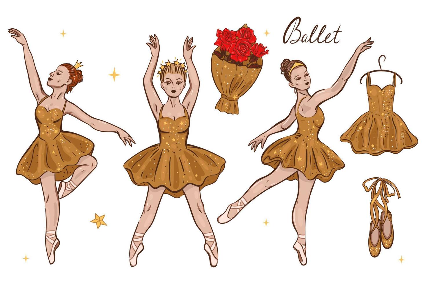 Reihe von Ballerinas in goldenen Kleidern mit Sternen isoliert auf weißem Hintergrund. Vektorgrafiken. vektor