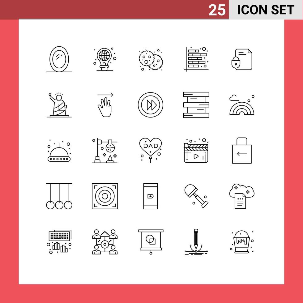 Stock Vector Icon Pack mit 25 Zeilen Zeichen und Symbolen für Dokumentbericht Lebensmittel Finanzdiagramm editierbare Vektordesign-Elemente