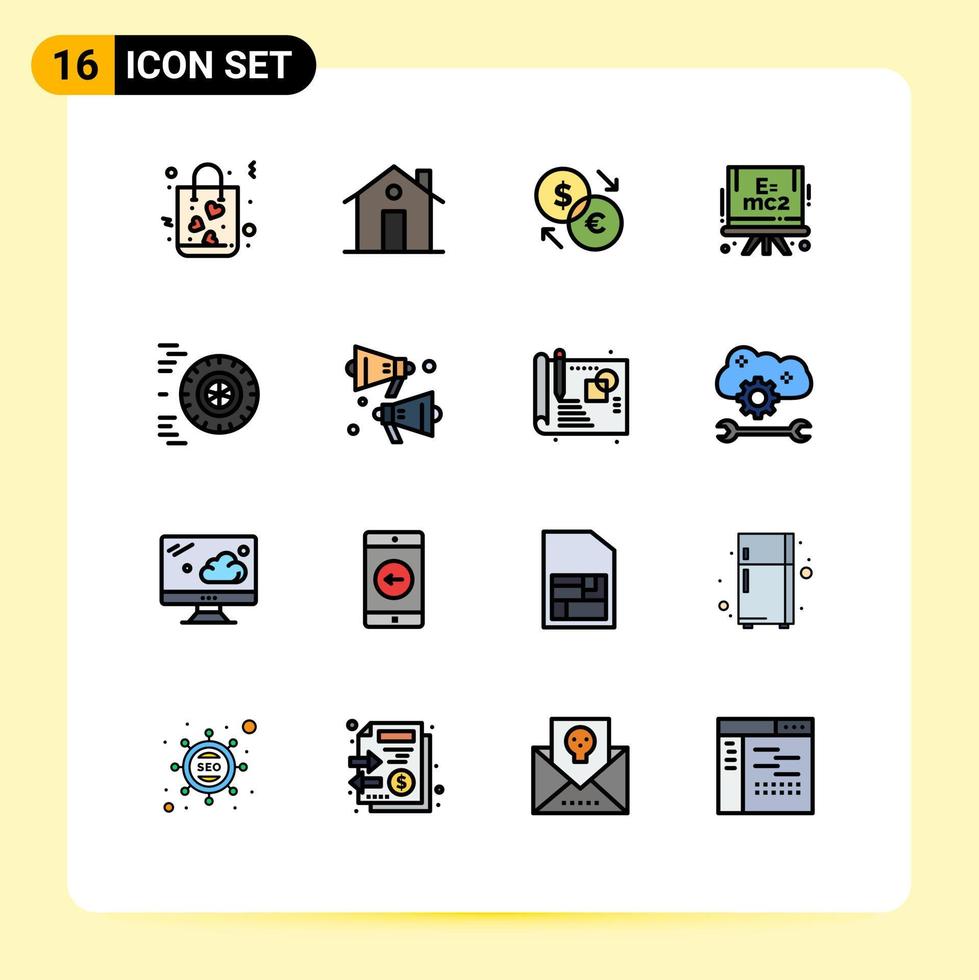 16 universelle, flache, farbgefüllte Linien, die für Web- und mobile Anwendungen eingestellt werden. Bewegungsformel Haus Chemie Dollar editierbare kreative Vektordesign-Elemente vektor