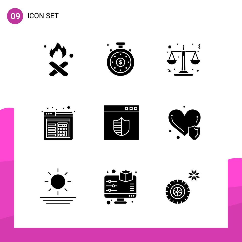 Glyphen-Icon-Set-Paket mit 9 soliden Icons isoliert auf weißem Hintergrund für reaktionsschnelles Website-Design, Druck und mobile Anwendungen vektor