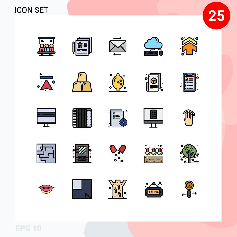 25 universelle, gefüllte Linien-Flachfarben für Web- und mobile Anwendungen, Pfeile, Datennachrichten, Cloud-Tastatur, editierbare Vektordesign-Elemente vektor