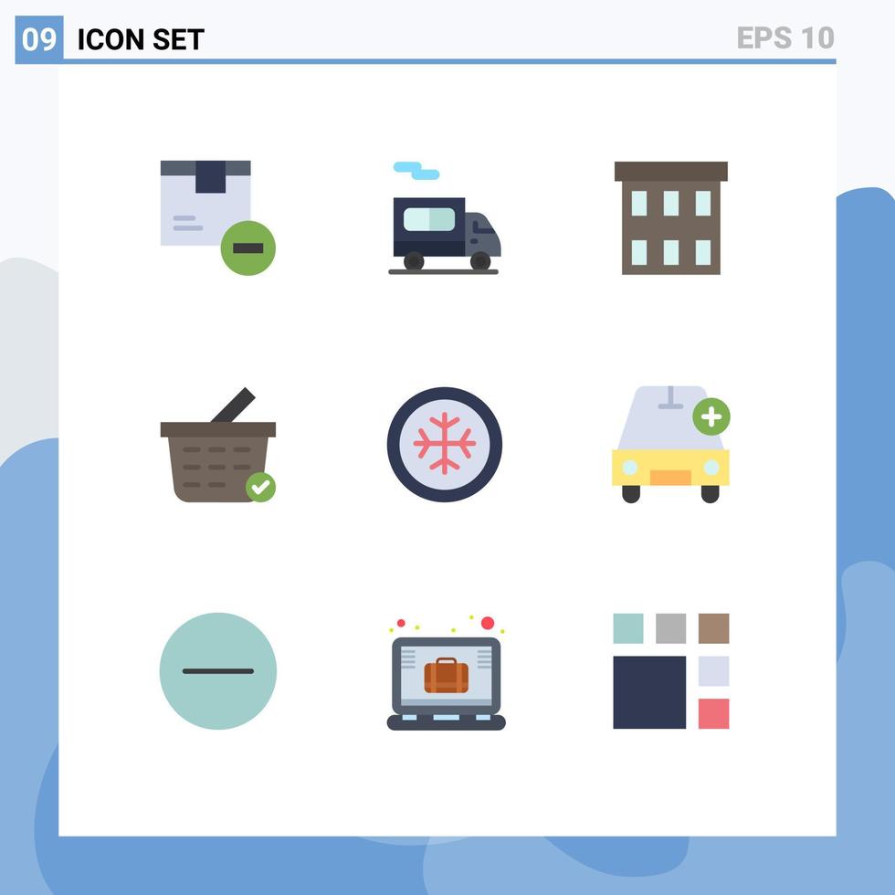 grupp av 9 platt färger tecken och symboler för frost handla vagn byggnad kolla upp kontor redigerbar vektor design element