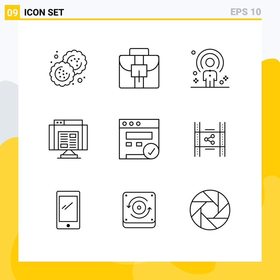 piktogram uppsättning av 9 enkel konturer av seo webb mänsklig data Ansökan redigerbar vektor design element