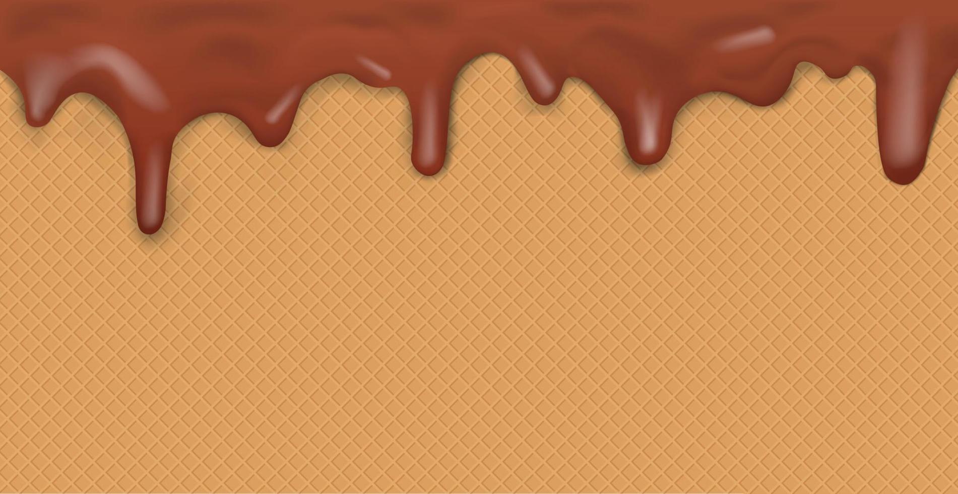 süßes, nahtloses Panorama-Eiscrememuster mit tropfender dunkler Schokoladenglasur und Waffelstruktur - Vektor
