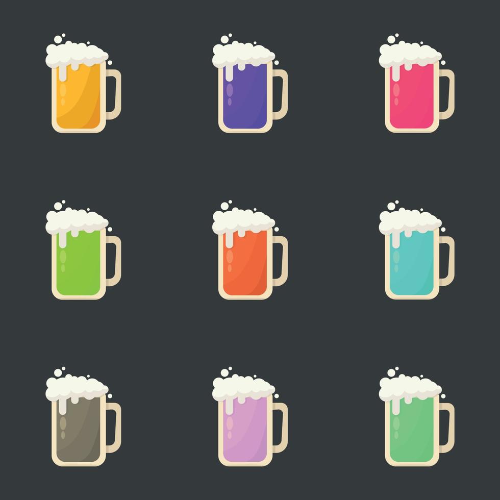 uppsättning av 9 alkoholhaltig öl skummig färgrik cocktails - vektor