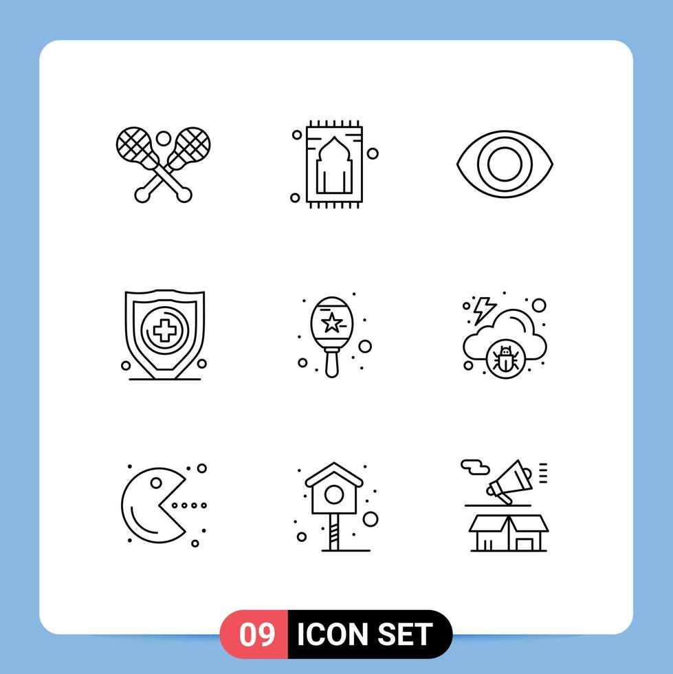 grupp av 9 konturer tecken och symboler för moln maracas namaz instrument skydd redigerbar vektor design element