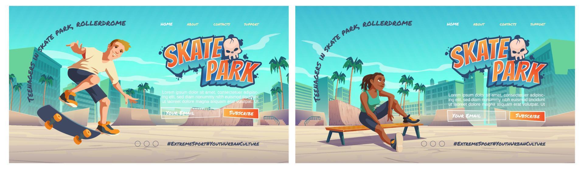 skatepark-cartoon-landingpage mit teenager vektor