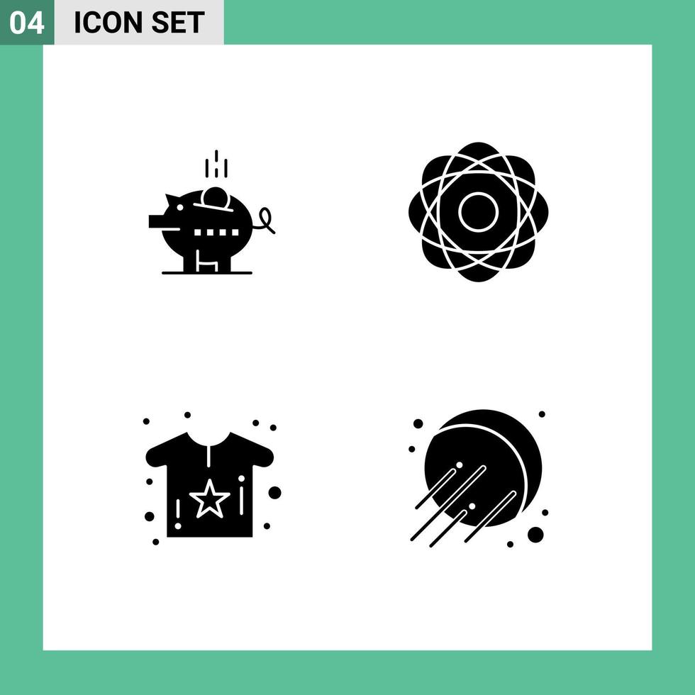 Stock Vector Icon Pack mit 4 Zeilen Zeichen und Symbolen für Piggybank Physik sichere molekulare Körper editierbare Vektordesign-Elemente