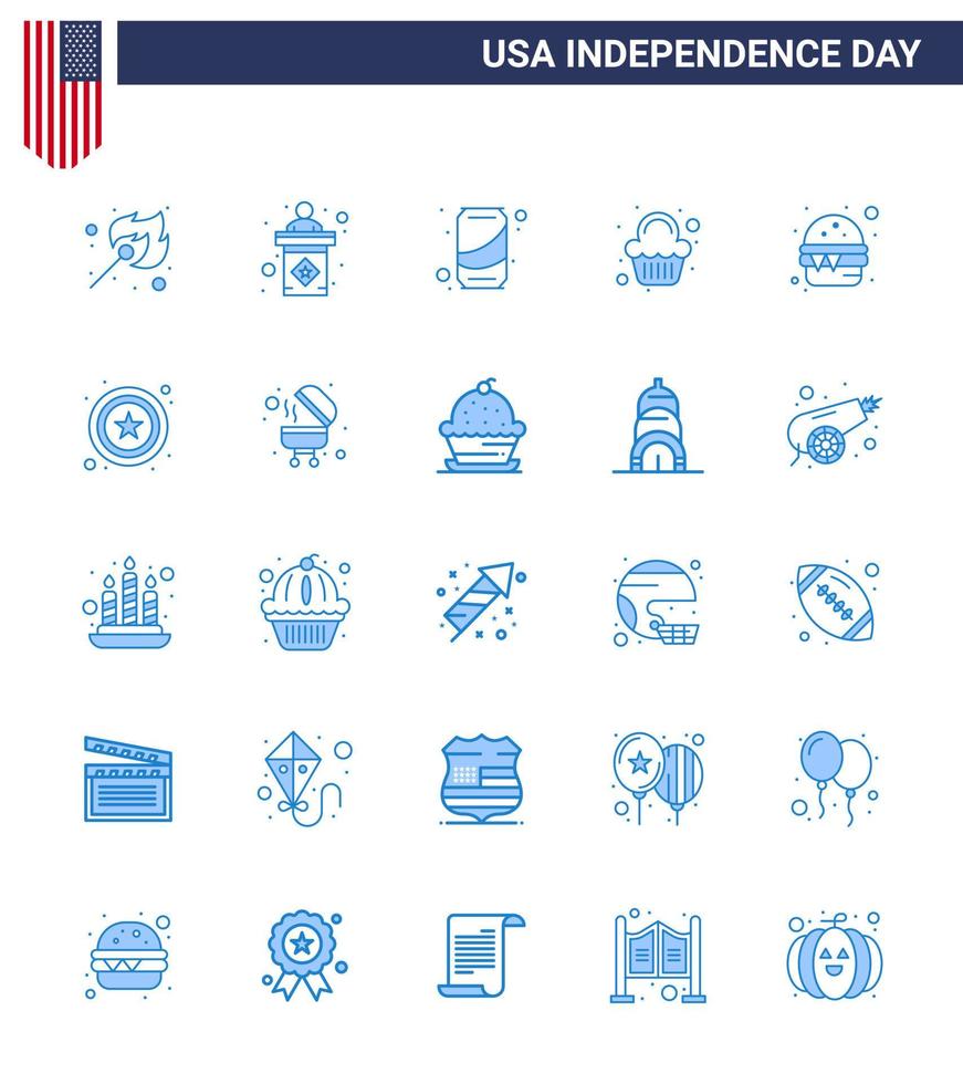 4:e juli USA Lycklig oberoende dag ikon symboler grupp av 25 modern blues av snabb firande öl ljuv kaka redigerbar USA dag vektor design element