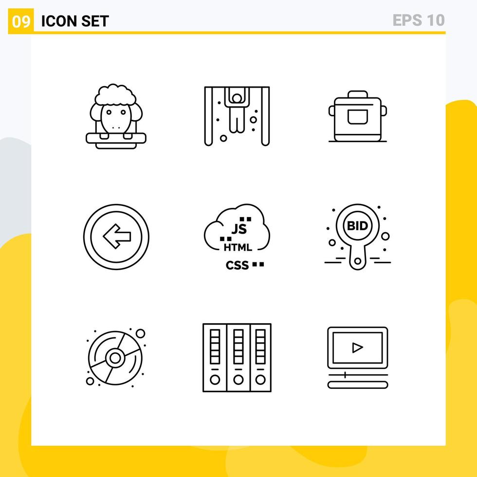 Stock Vector Icon Pack mit 9 Zeilenzeichen und Symbolen für Code links Küche Benutzeroberfläche Schaltfläche editierbare Vektordesign-Elemente