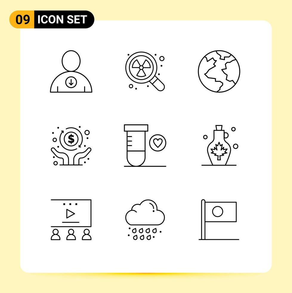 Aktienvektor-Icon-Pack mit 9 Zeilenzeichen und Symbolen für bearbeitbare Vektordesign-Elemente der Getränkewissenschaft Planet Herzfreiheit vektor