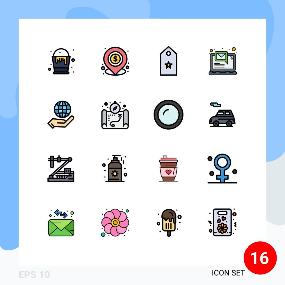 mobile schnittstelle flache farbe gefüllte linie satz von 16 piktogrammen von benachrichtigungs-e-mail-standort computerstern editierbare kreative vektordesignelemente vektor