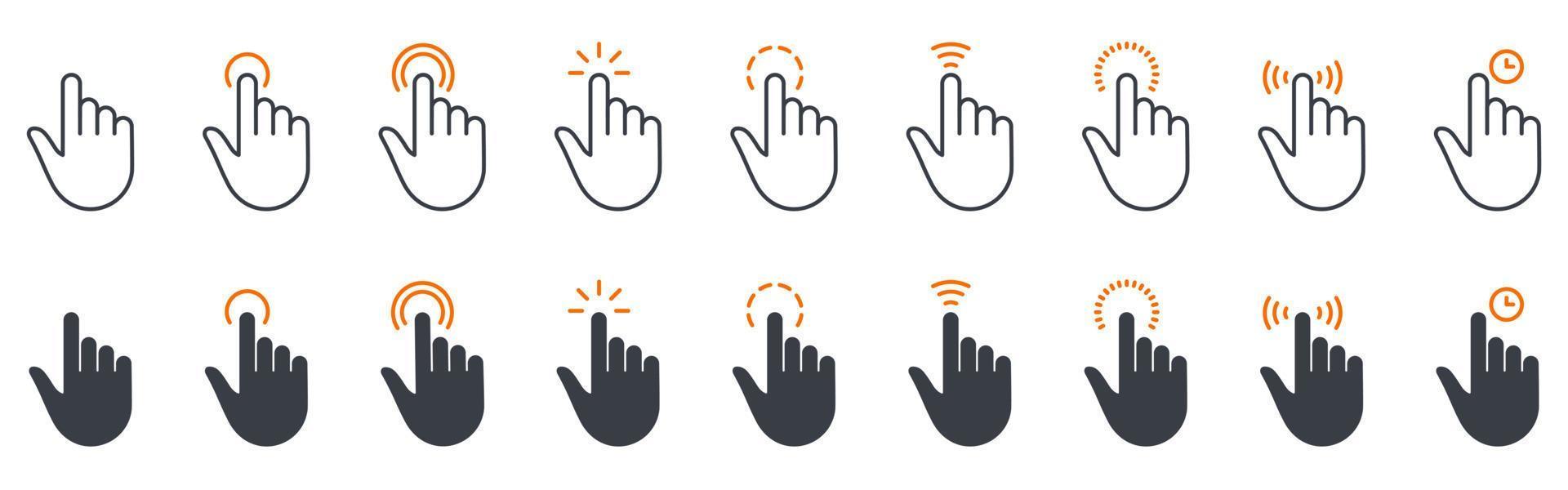 hand med finger digital mus klick linje och silhuett ikon uppsättning. markören dator pekare tecken. hemsida app Tryck kran länk val knapp internet gränssnitt symbol. isolerat vektor illustration.