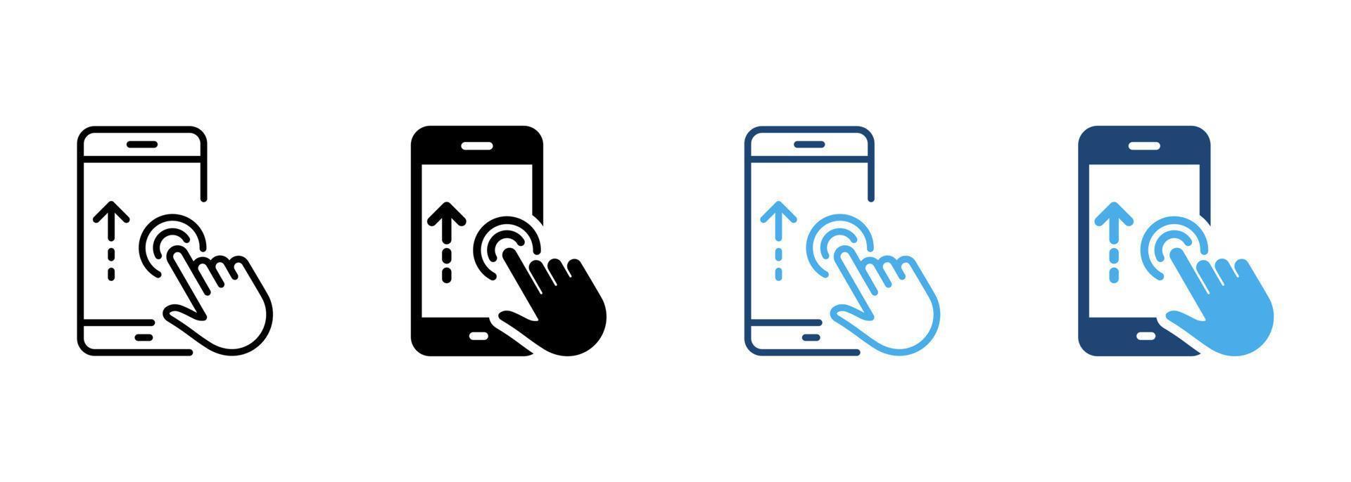 Wischen Sie mit der Hand auf die Smartphone-Linie und das Symbol für die Silhouettenfarbe. Finger bewegen sich auf dem Touchscreen im Handy-Piktogramm. Aktion auf der Sammlung von Symbolen für die Anzeige von Mobiltelefonen. isolierte Vektorillustration. vektor