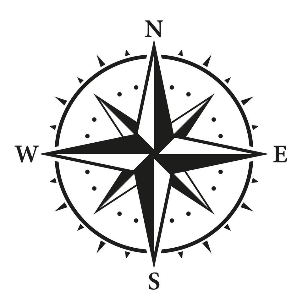 Rose Wind Navigation Retro-Ausrüstungszeichen. Abenteuer-Richtungspfeil nach Nord-Südwest-Ost-Orientierungsnavigator Modernes Glyphen-Piktogramm. Kompass-Karten-Silhouette-Symbol. isolierte Vektorillustration. vektor