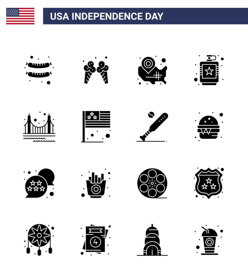 fast glyf packa av 16 USA oberoende dag symboler av bro höft stater flaska alkoholhaltig redigerbar USA dag vektor design element