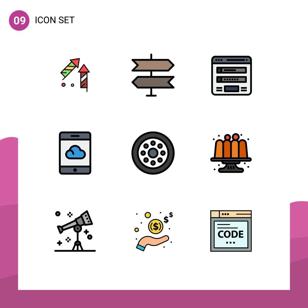 Packung mit 9 modernen Filledline-Flachfarben Zeichen und Symbole für Web-Printmedien wie Velg-Zubehör bilden bearbeitbare Vektordesign-Elemente für Smartphone-Backups vektor
