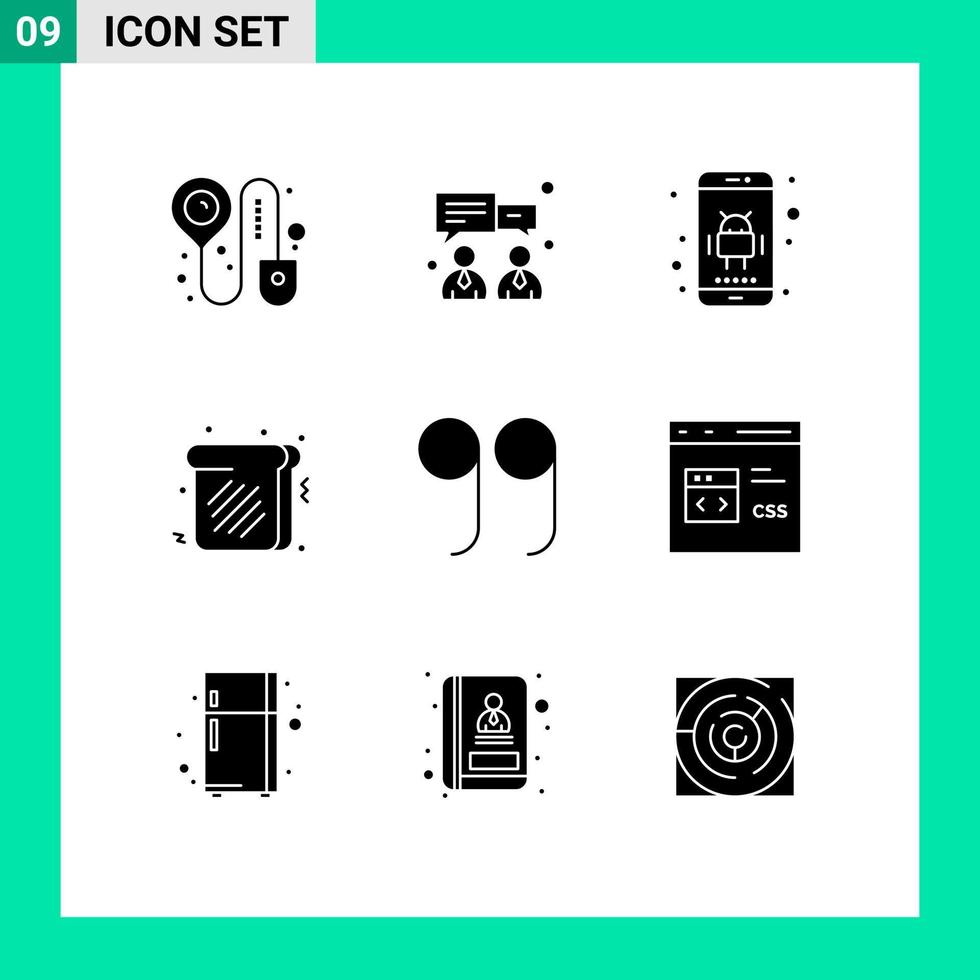 modern uppsättning av 9 fast glyfer pictograph av css koda app citat mat redigerbar vektor design element