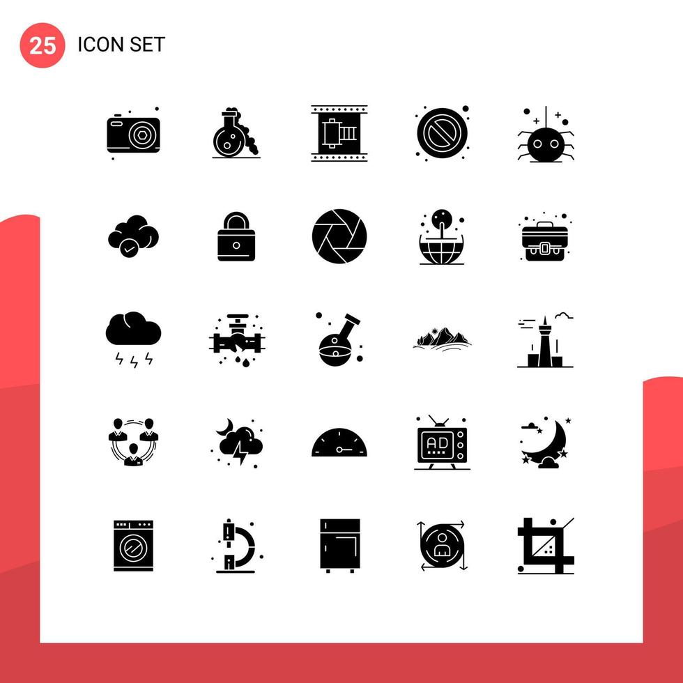 Stock Vector Icon Pack mit 25 Zeilenzeichen und Symbolen für Halloween-Warnkino-Stopp-Filmstreifen editierbare Vektordesign-Elemente